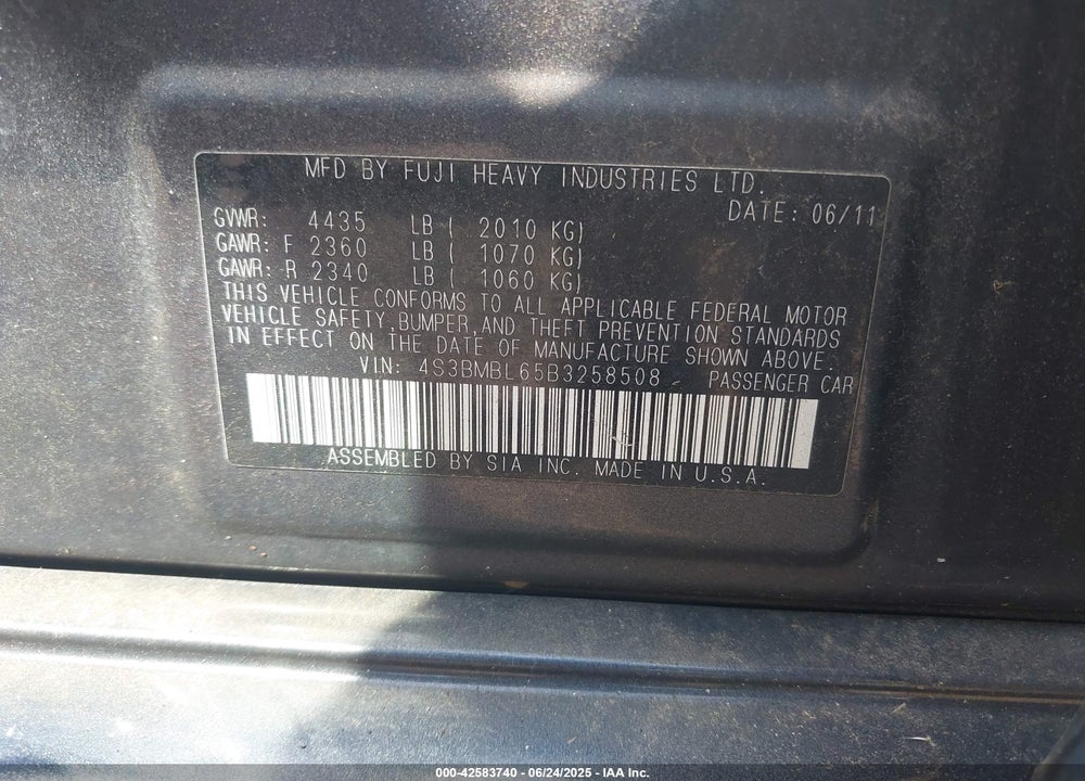 2011 SUBARU LEGACY 2.5I LIMITED VIN: 4S3BMBL65B3258508