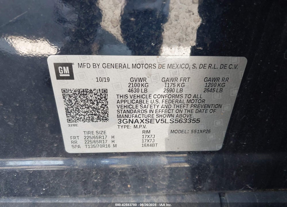 2020 CHEVROLET EQUINOX VIN: 3GNAXSEV5LS563355