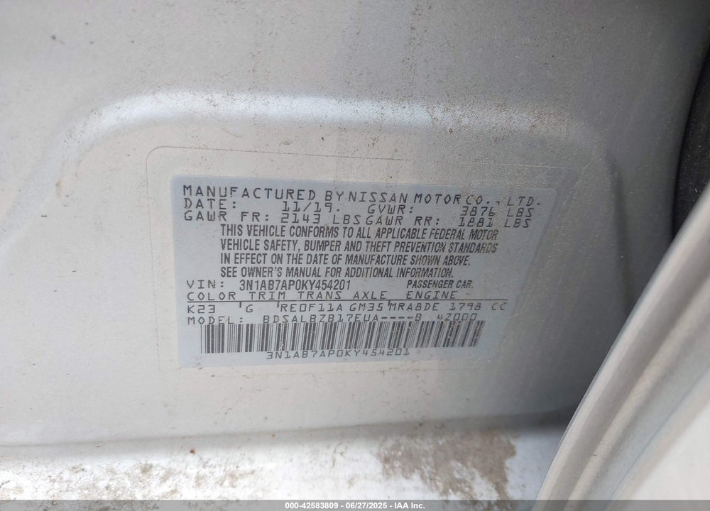 2019 NISSAN SENTRA VIN: 3N1AB7AP0KY454201