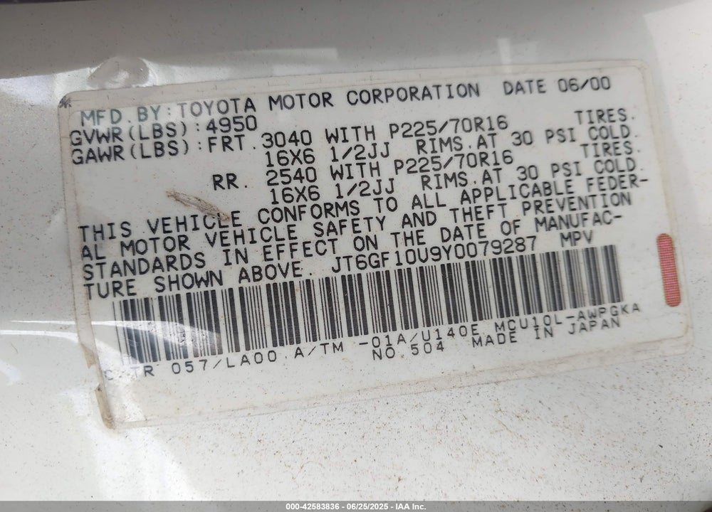 2000 LEXUS RX 300 VIN: JT6GF10U9Y0079287