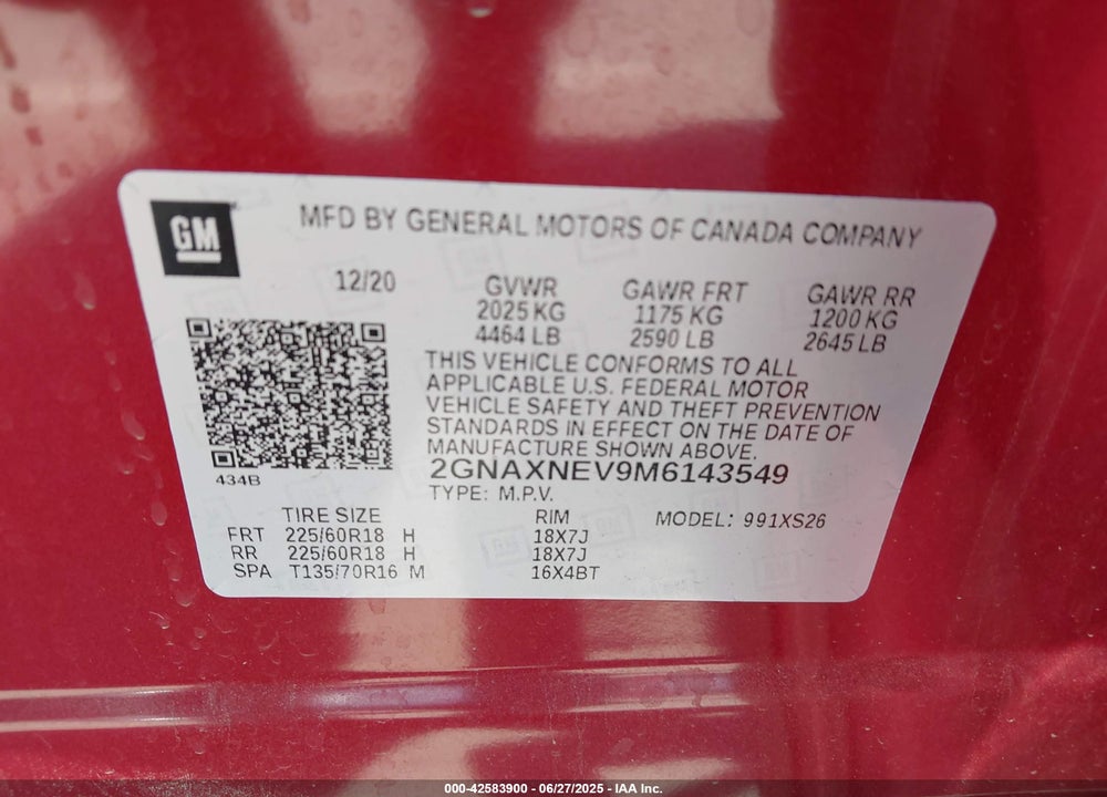 2021 CHEVROLET EQUINOX PREMIER VIN: 2GNAXNEV9M6143549