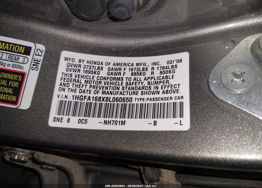 2008 HONDA CIVIC VIN: 1HGFA168X8L060650