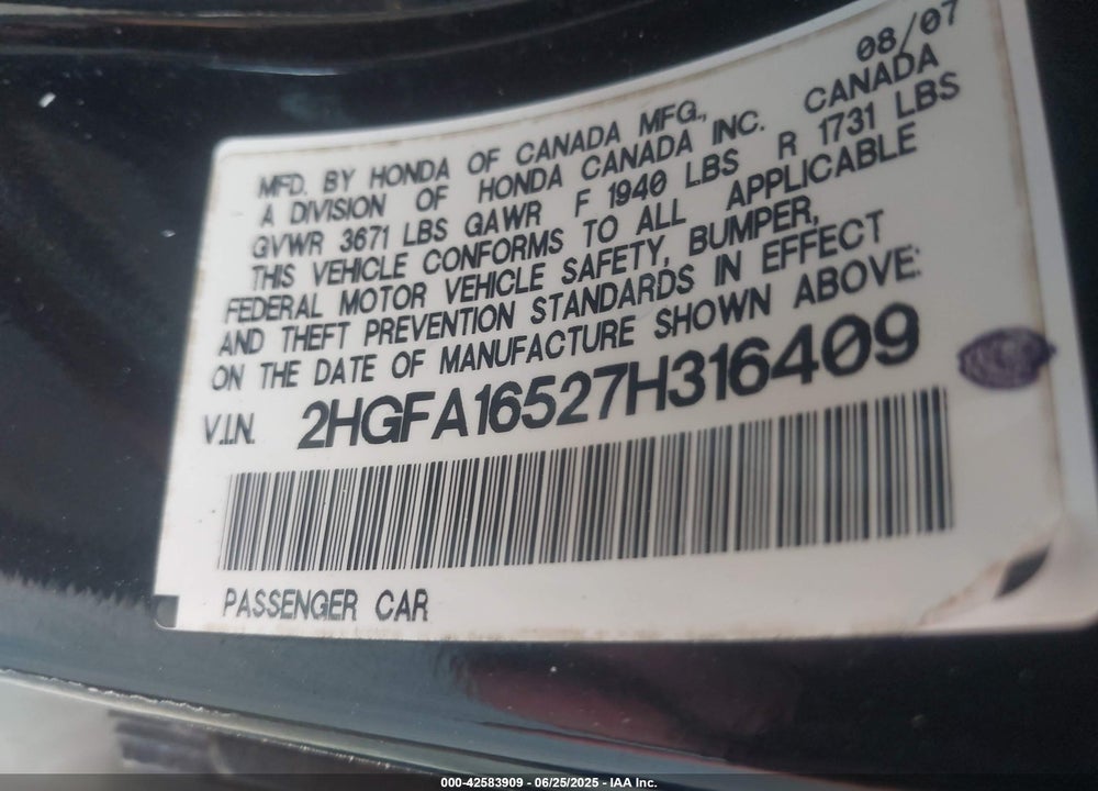 2007 HONDA CIVIC LX VIN: 2HGFA16527H316409