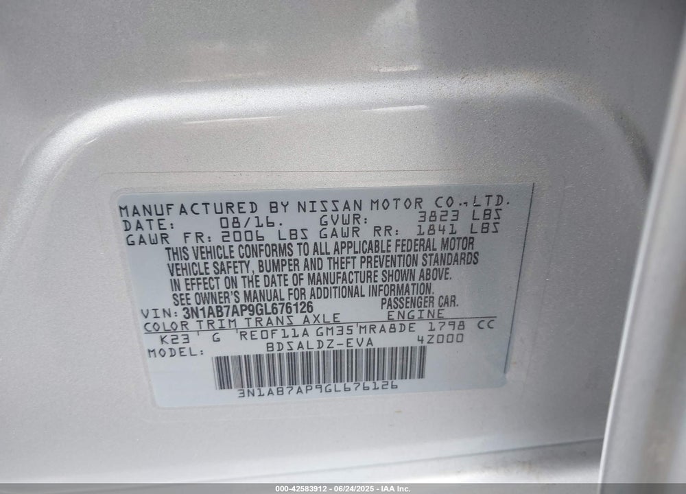 2016 NISSAN SENTRA SV VIN: 3N1AB7AP9GL676126