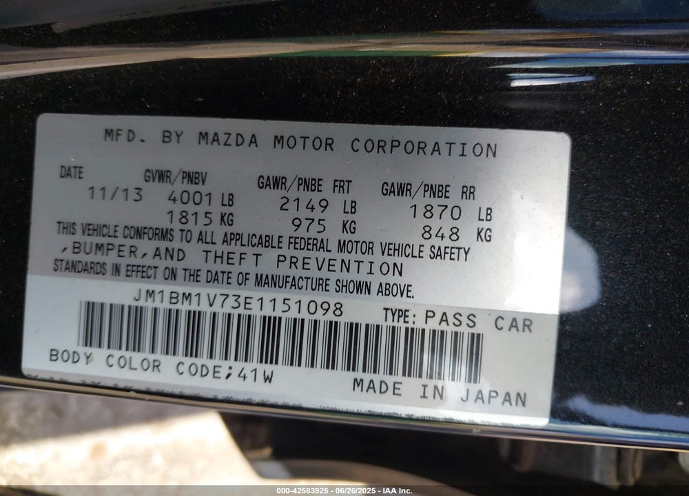 2014 MAZDA 3 VIN: JM1BM1V73E1151098