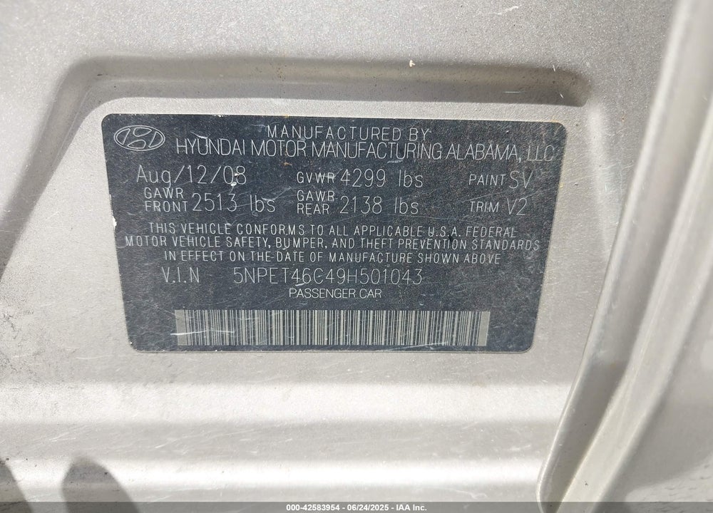 2009 HYUNDAI SONATA GLS VIN: 5NPET46C49H501043