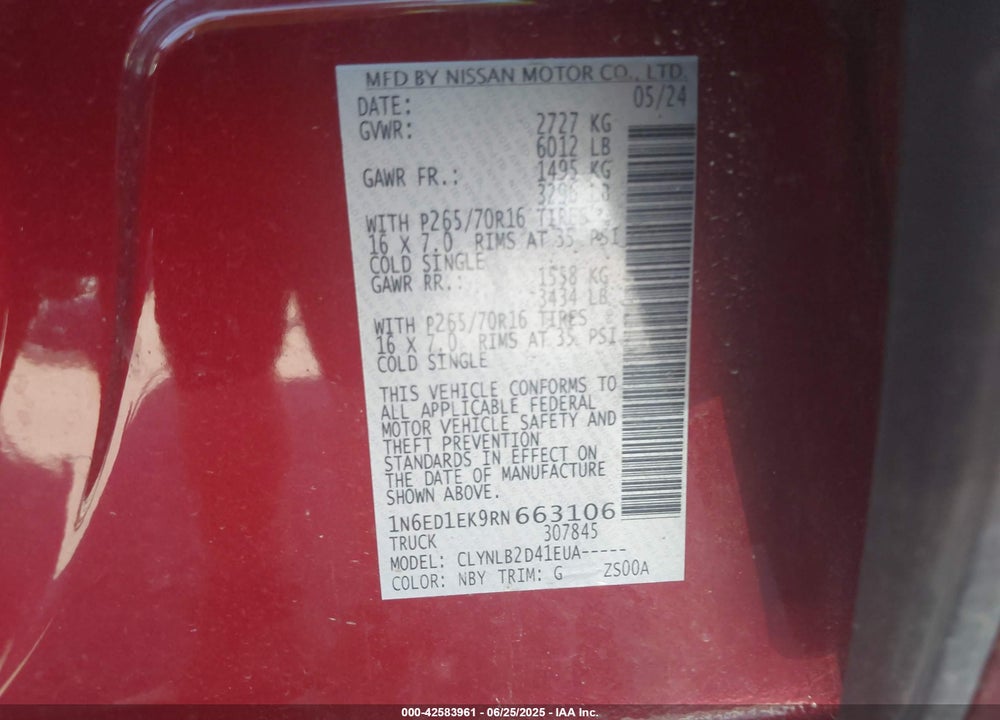 2024 NISSAN FRONTIER SV 4X4 VIN: 1N6ED1EK9RN663106