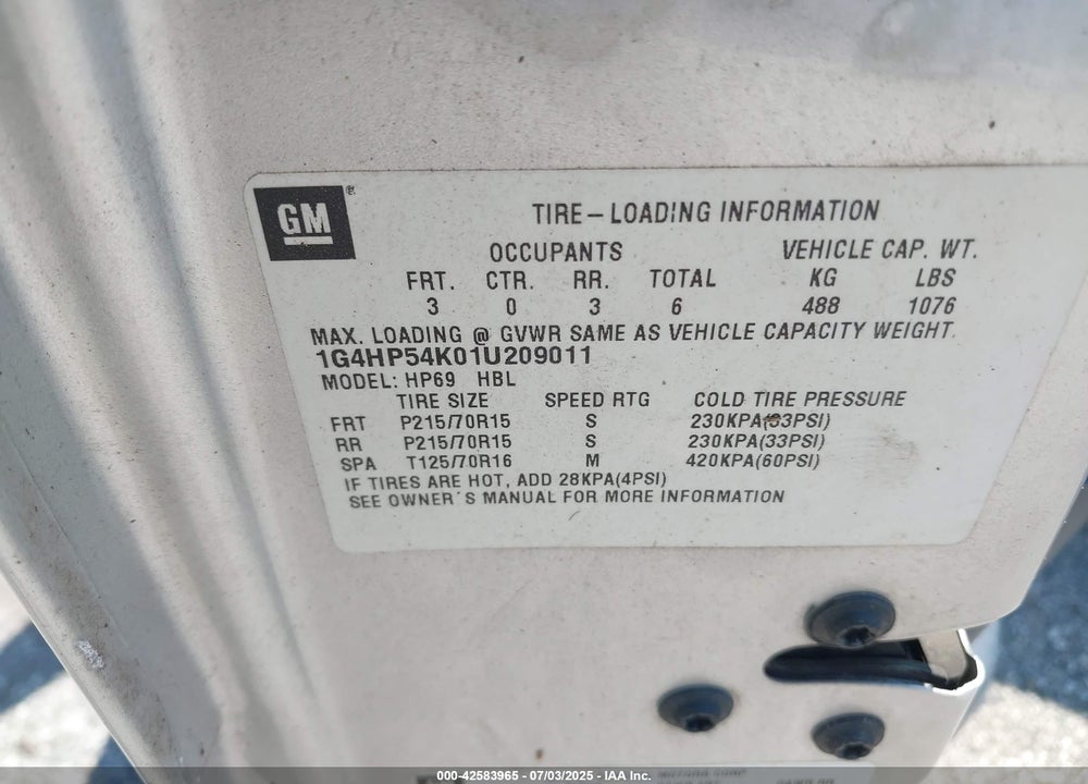 2001 BUICK LESABRE CUSTOM VIN: 1G4HP54K01U209011