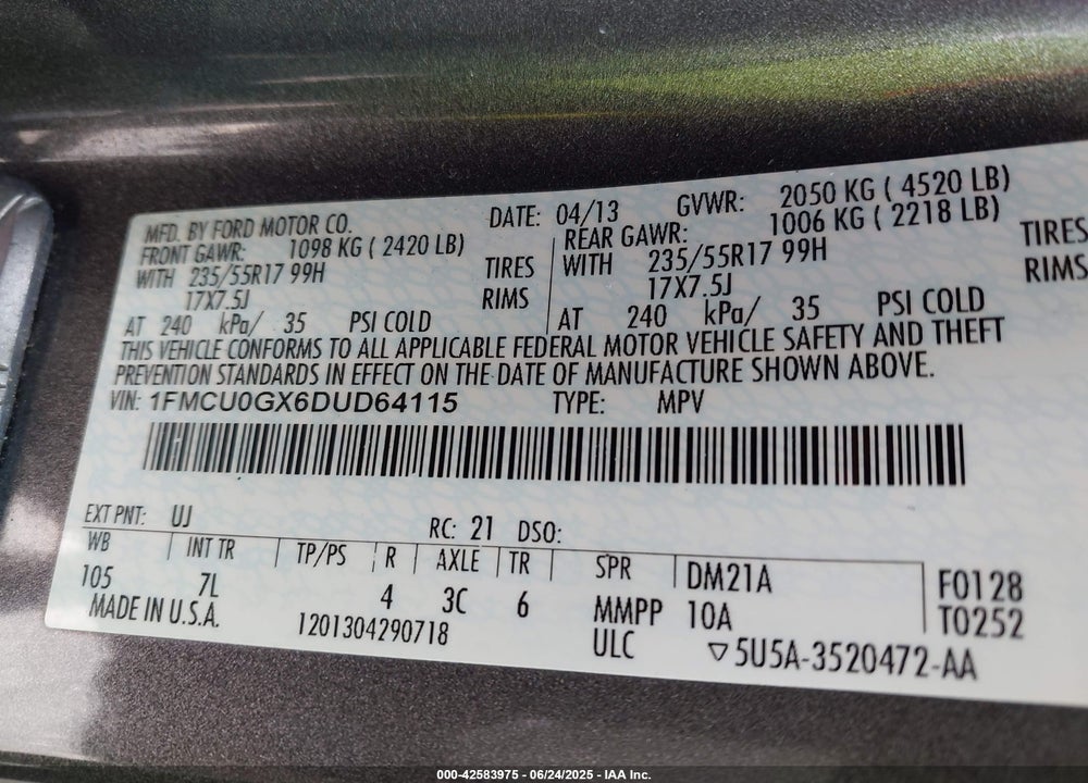2013 FORD ESCAPE VIN: 1FMCU0GX6DUD64115