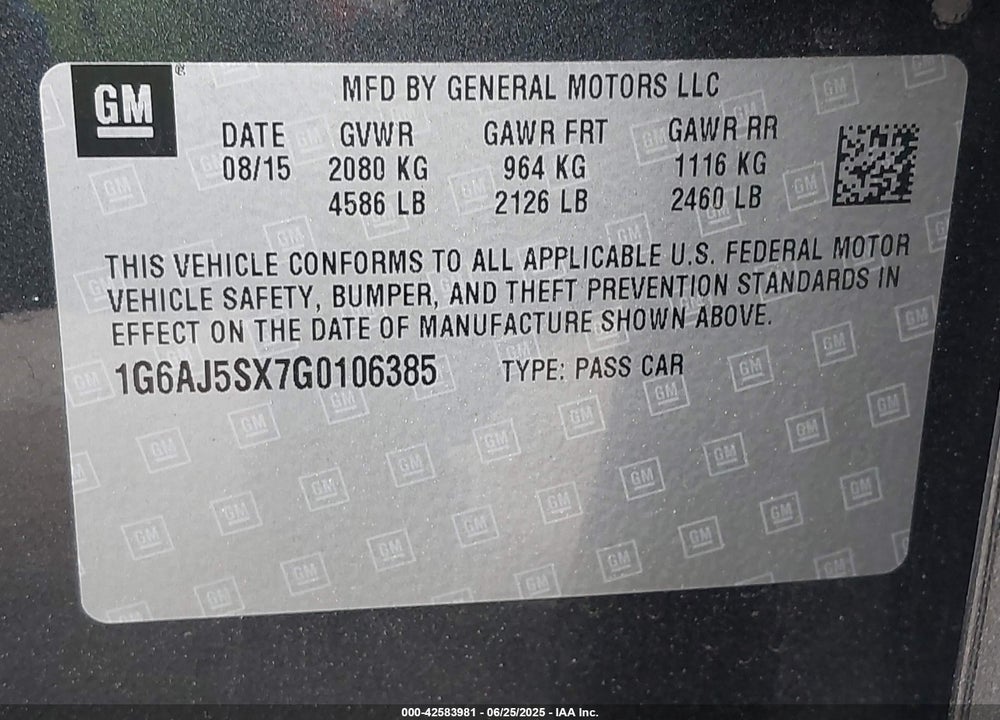 2016 CADILLAC ATS VIN: 1G6AJ5SX7G0106385