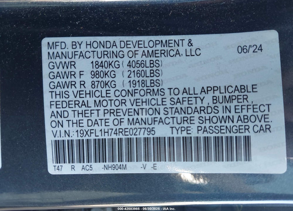 2024 HONDA CIVIC VIN: 19XFL1H74RE027795