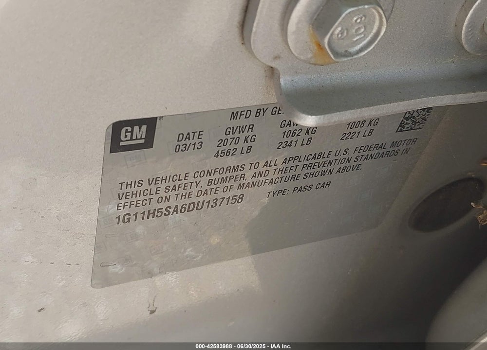 2013 CHEVROLET MALIBU VIN: 1G11H5SA6DU137158