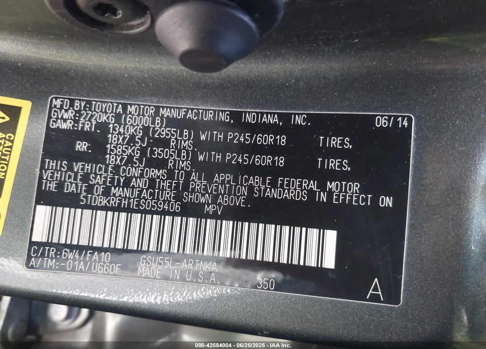 2014 TOYOTA HIGHLANDER VIN: 5TDBKRFH1ES059406