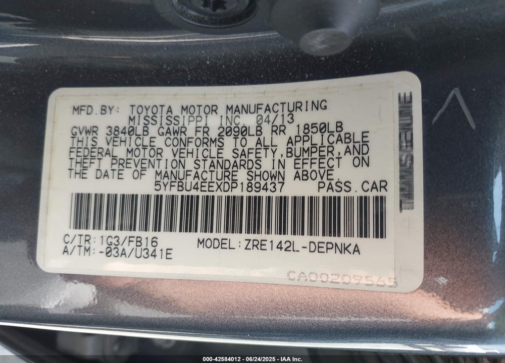 2013 TOYOTA COROLLA VIN: 5YFBU4EEXDP189437
