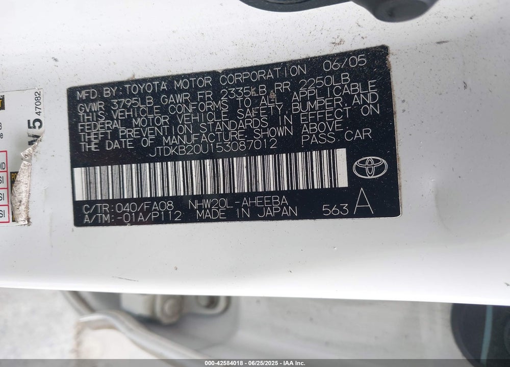 2005 TOYOTA PRIUS VIN: JTDKB20U153087012
