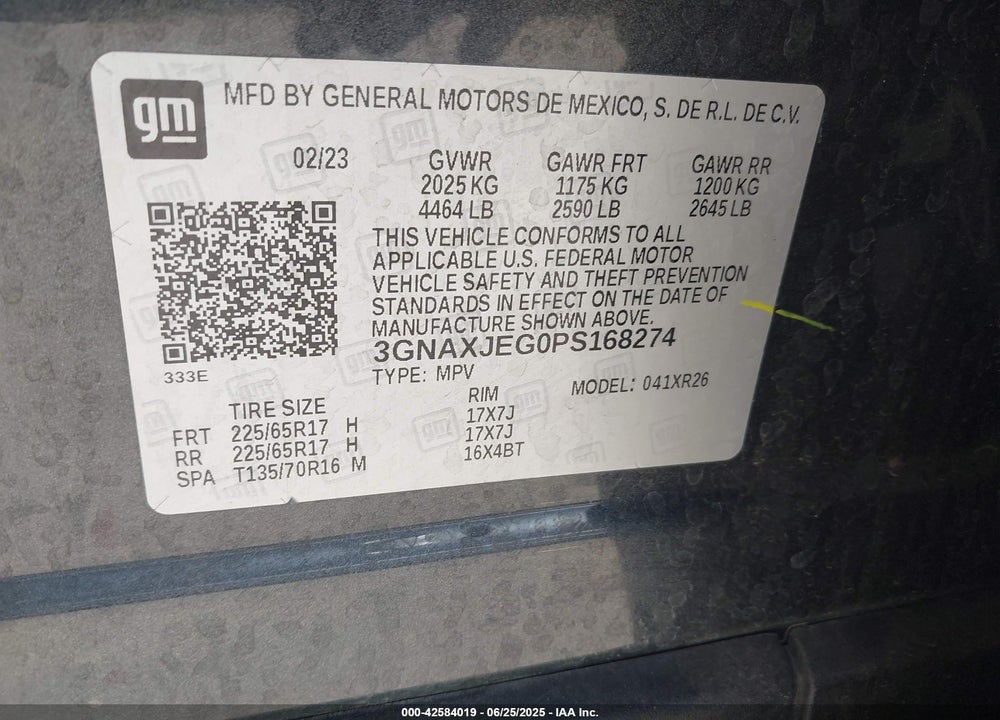2023 CHEVROLET EQUINOX VIN: 3GNAXJEG0PS168274