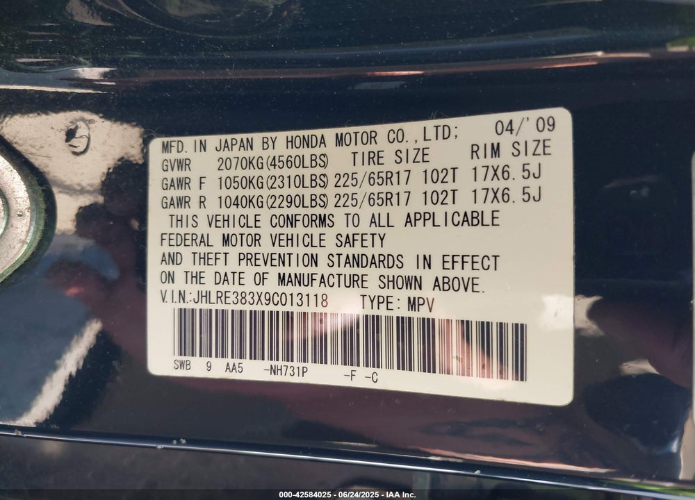 2009 HONDA CR-V LX VIN: JHLRE383X9C013118
