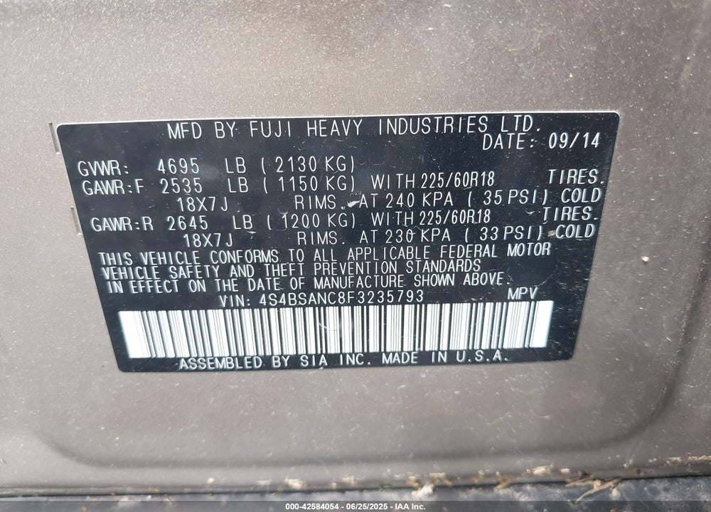 2015 SUBARU OUTBACK VIN: 4S4BSANC8F3235793