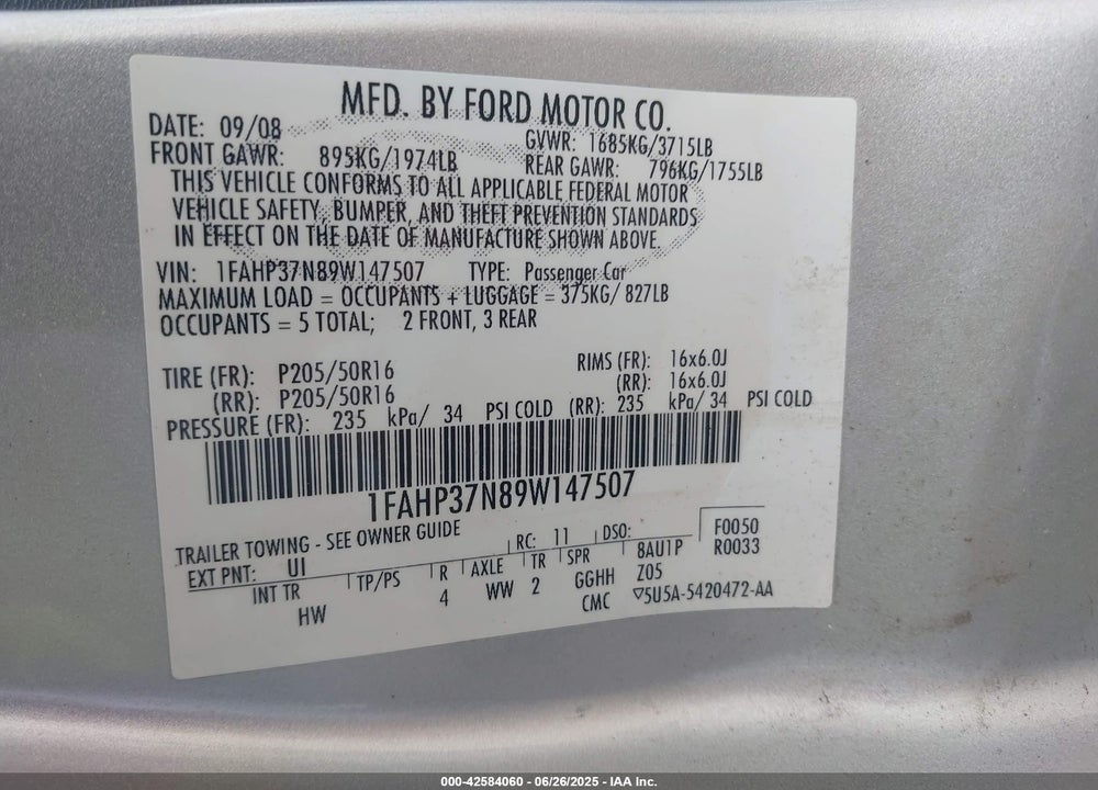 2009 FORD FOCUS VIN: 1FAHP37N89W147507