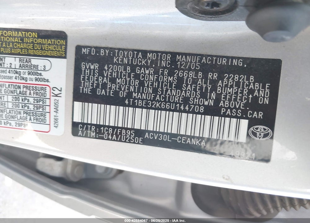 2006 TOYOTA CAMRY LE VIN: 4T1BE32K66U144708