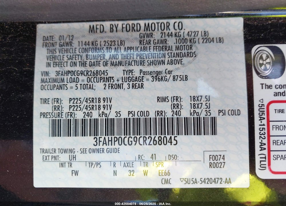 2012 FORD FUSION VIN: 3FAHP0CG9CR268045