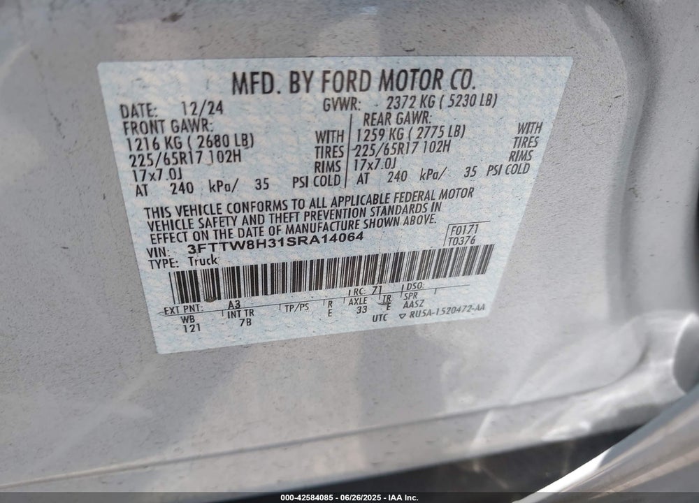 2025 FORD MAVERICK VIN: 3FTTW8H31SRA14064