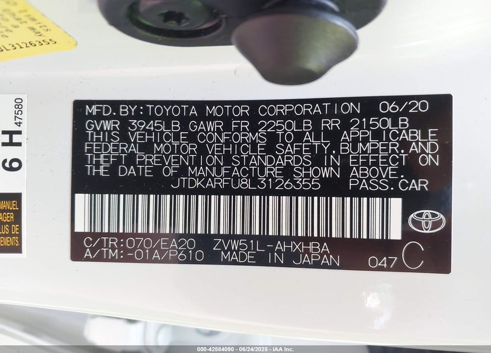 2020 TOYOTA PRIUS XLE VIN: JTDKARFU8L3126355