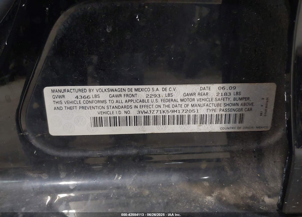 2009 VOLKSWAGEN JETTA VIN: 3VWJZ71K59M172051