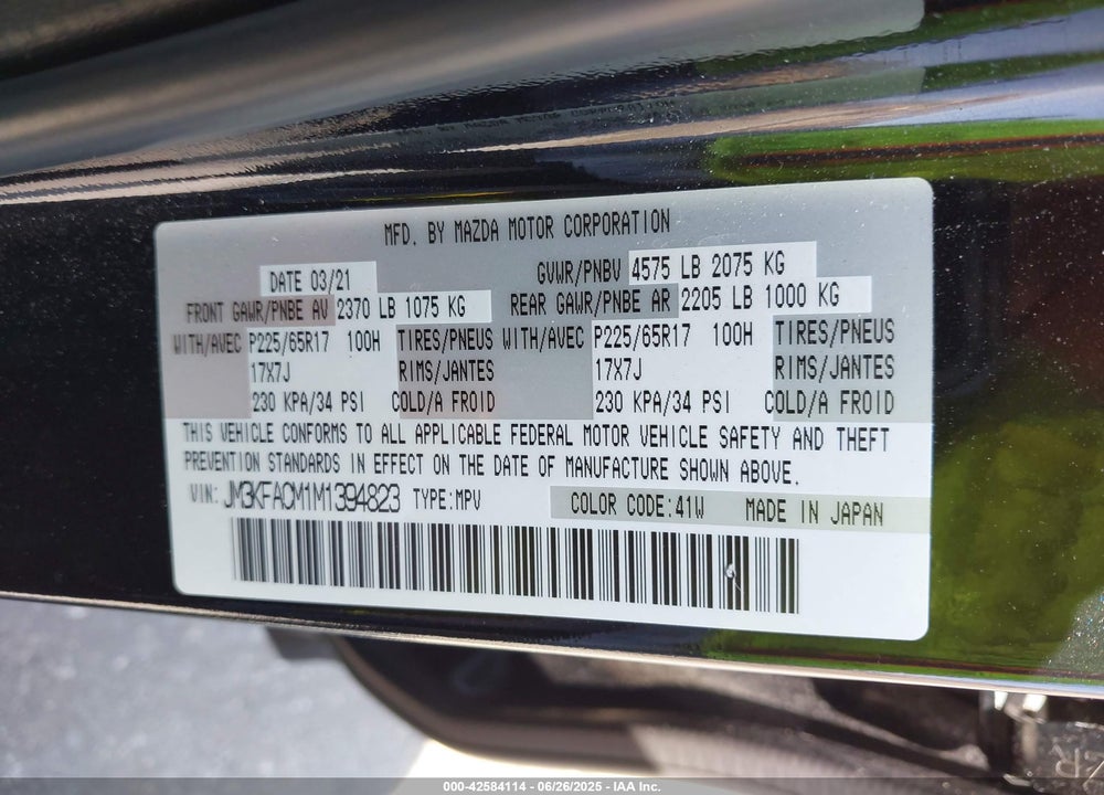 2021 MAZDA CX-5 VIN: JM3KFACM1M1394823