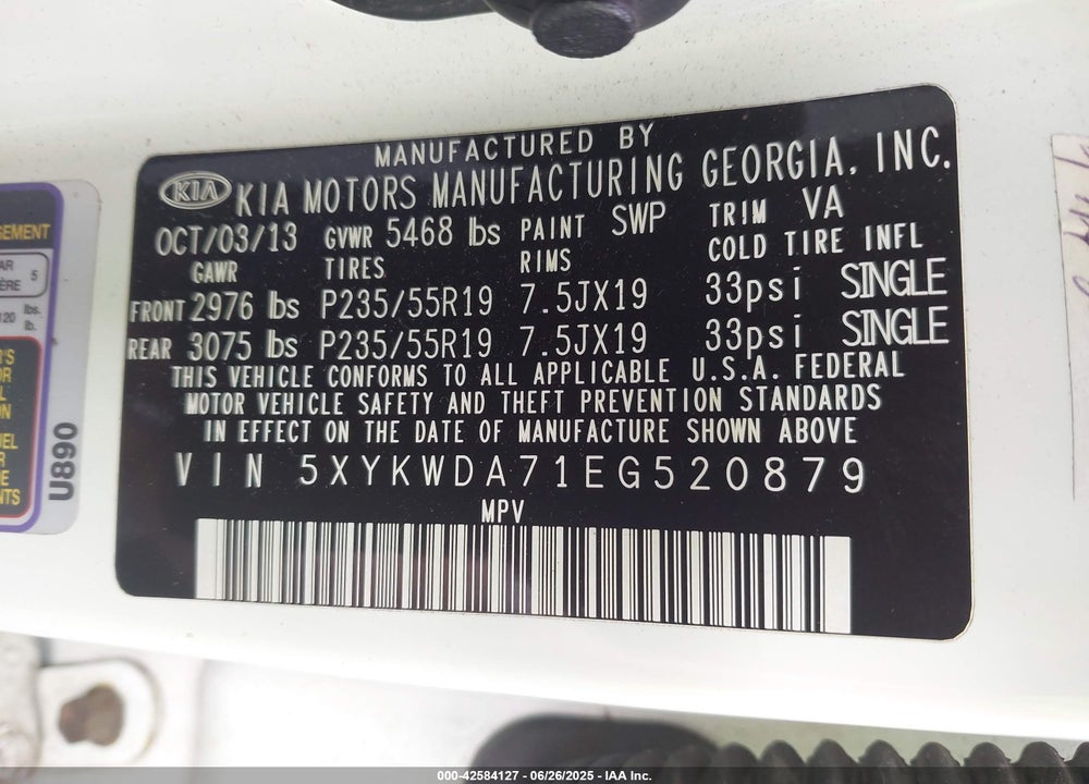 2014 KIA SORENTO LIMITED V6 VIN: 5XYKWDA71EG520879