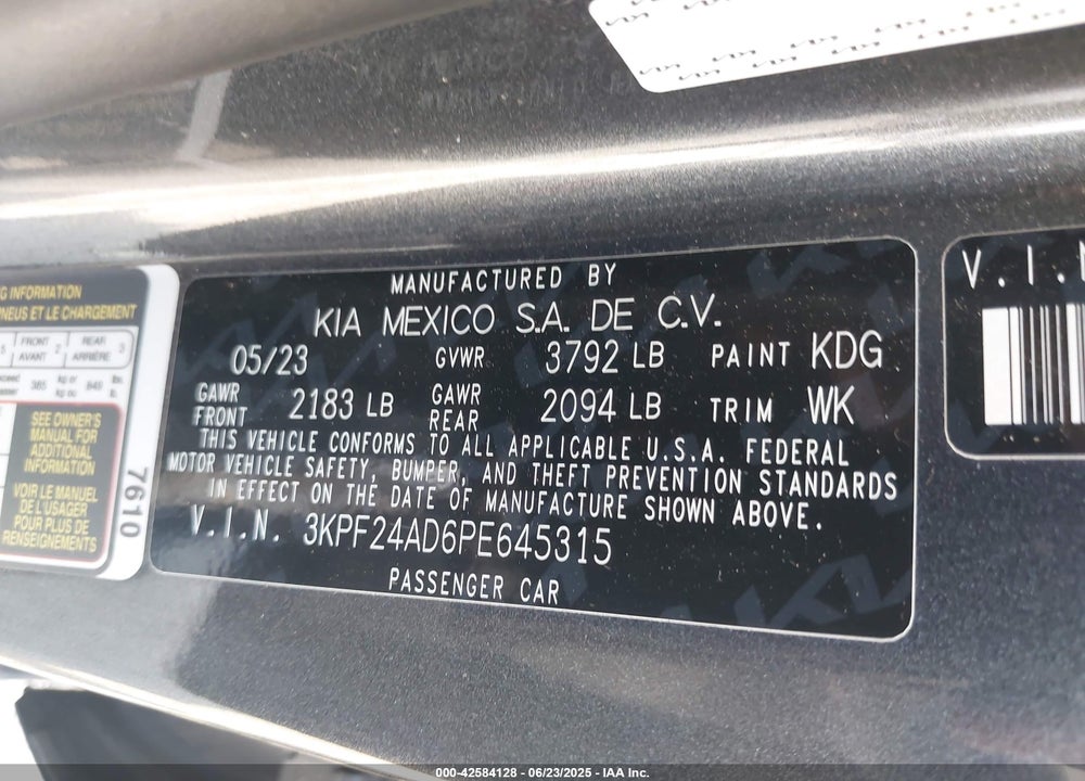 2023 KIA FORTE VIN: 3KPF24AD6PE645315