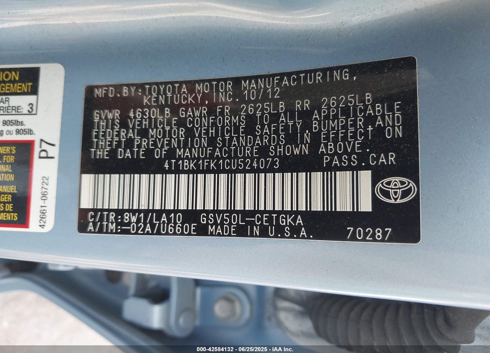2012 TOYOTA CAMRY VIN: 4T1BK1FK1CU524073