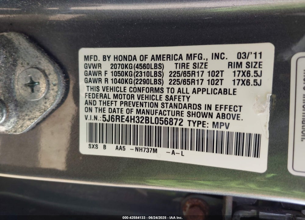 2011 HONDA CR-V LX VIN: 5J6RE4H32BL056872
