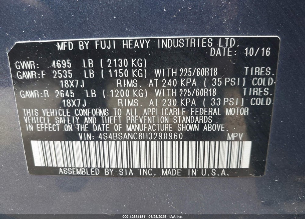 2017 SUBARU OUTBACK VIN: 4S4BSANC8H3290960