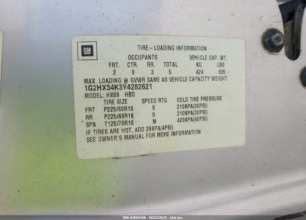 2000 PONTIAC BONNEVILLE SE VIN: 1G2HX54K3Y4282621
