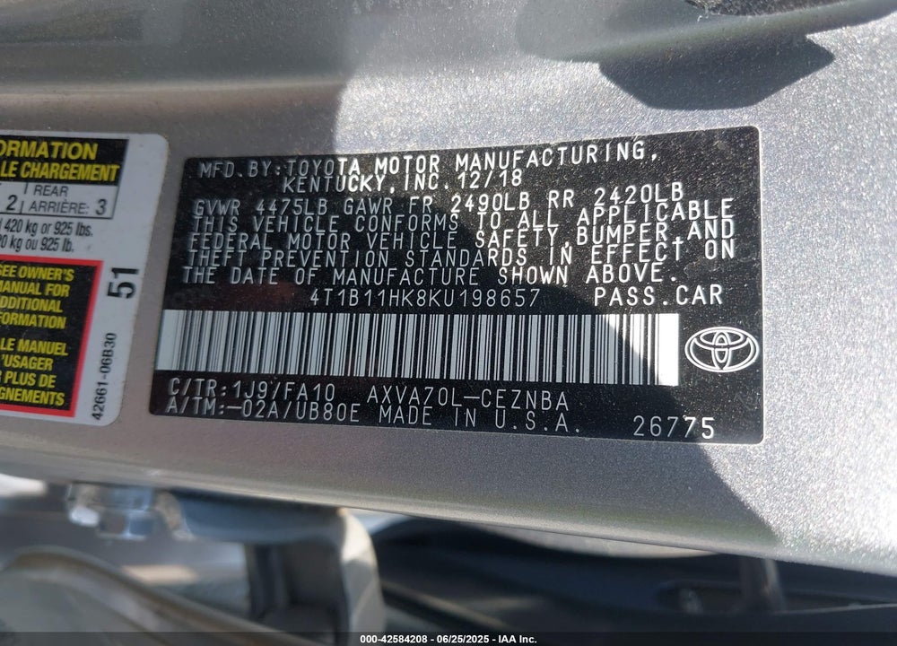2019 TOYOTA CAMRY VIN: 4T1B11HK8KU198657