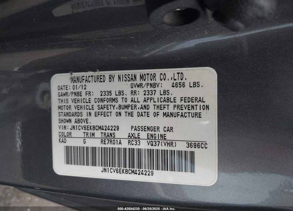 2012 INFINITI G37 VIN: JN1CV6EK8CM424229