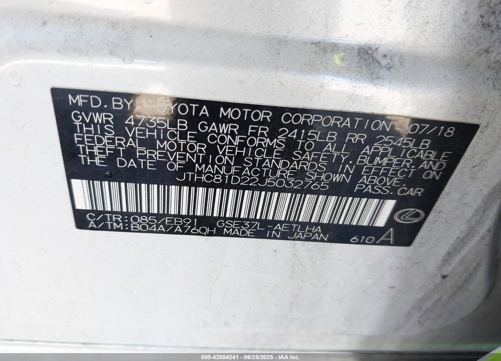 2018 LEXUS IS 300 VIN: JTHC81D22J5032765