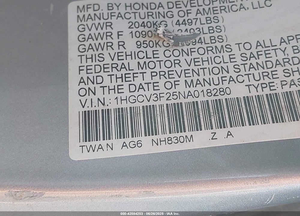 2022 HONDA ACCORD HYBRID SPORT VIN: 1HGCV3F25NA018280