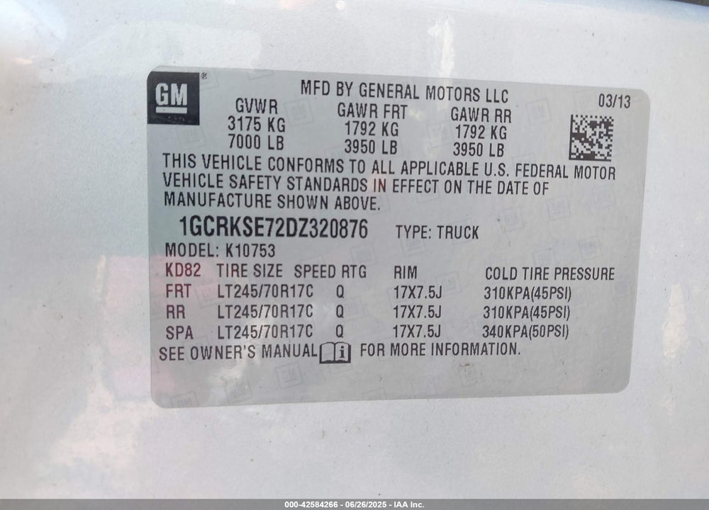 2013 CHEVROLET SILVERADO 1500 LT VIN: 1GCRKSE72DZ320876