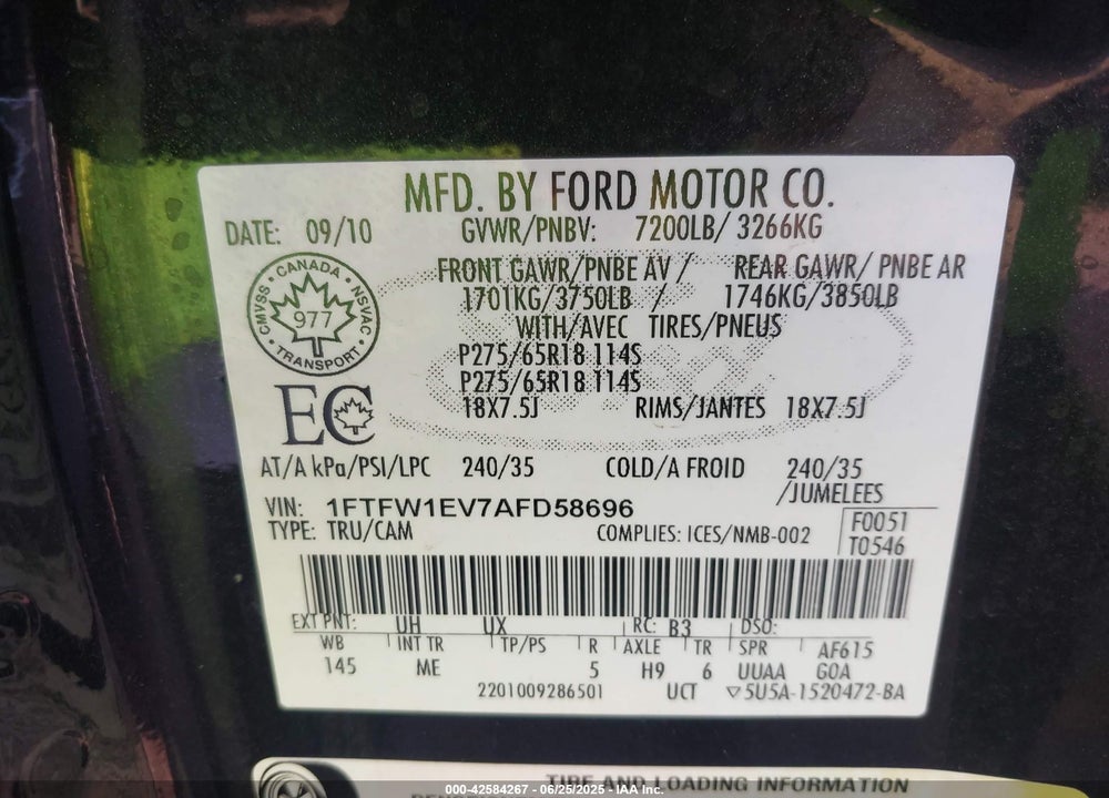 2010 FORD F-150 VIN: 1FTFW1EV7AFD58696