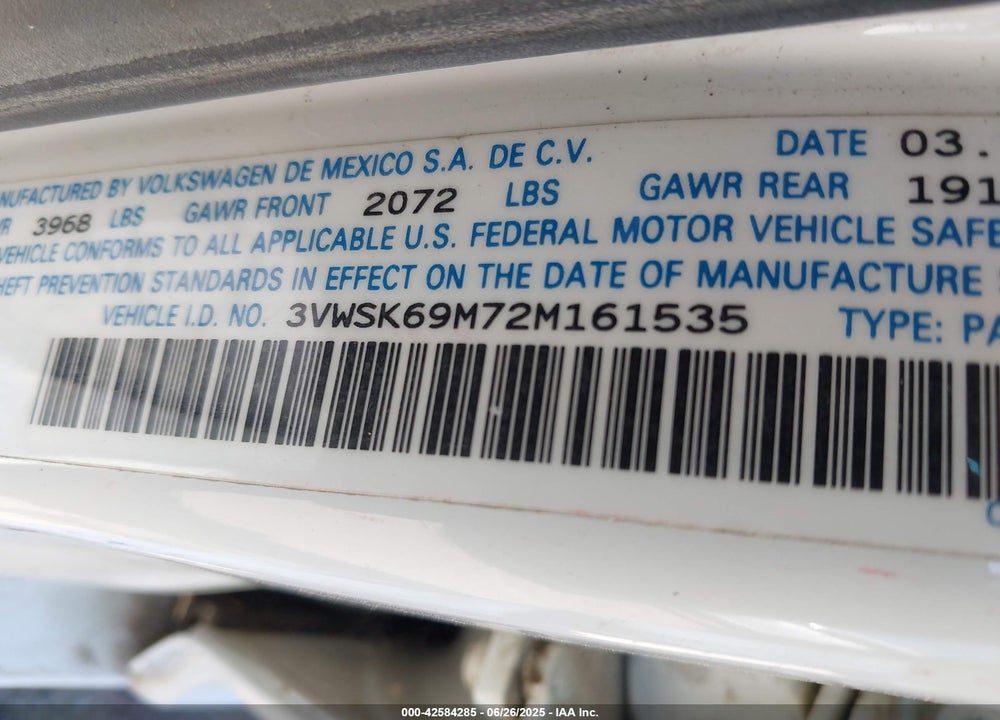 2002 VOLKSWAGEN JETTA GLS VIN: 3VWSK69M72M161535