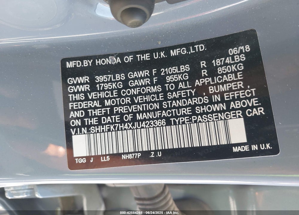 2018 HONDA CIVIC VIN: SHHFK7H4XJU423366