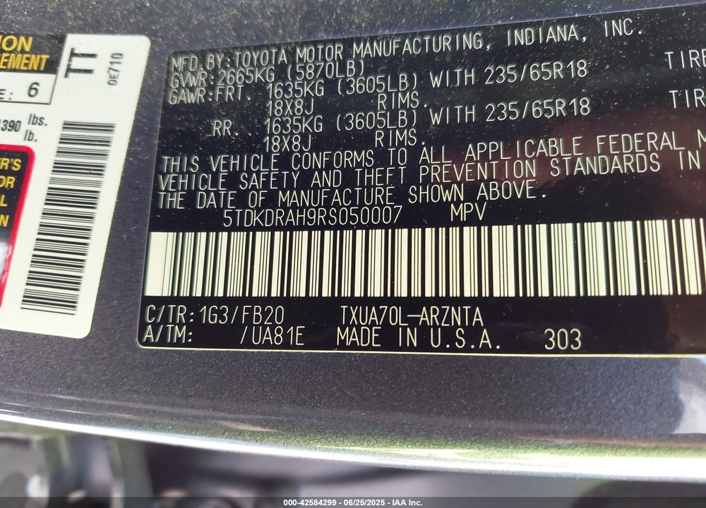 2024 TOYOTA HIGHLANDER LE VIN: 5TDKDRAH9RS050007
