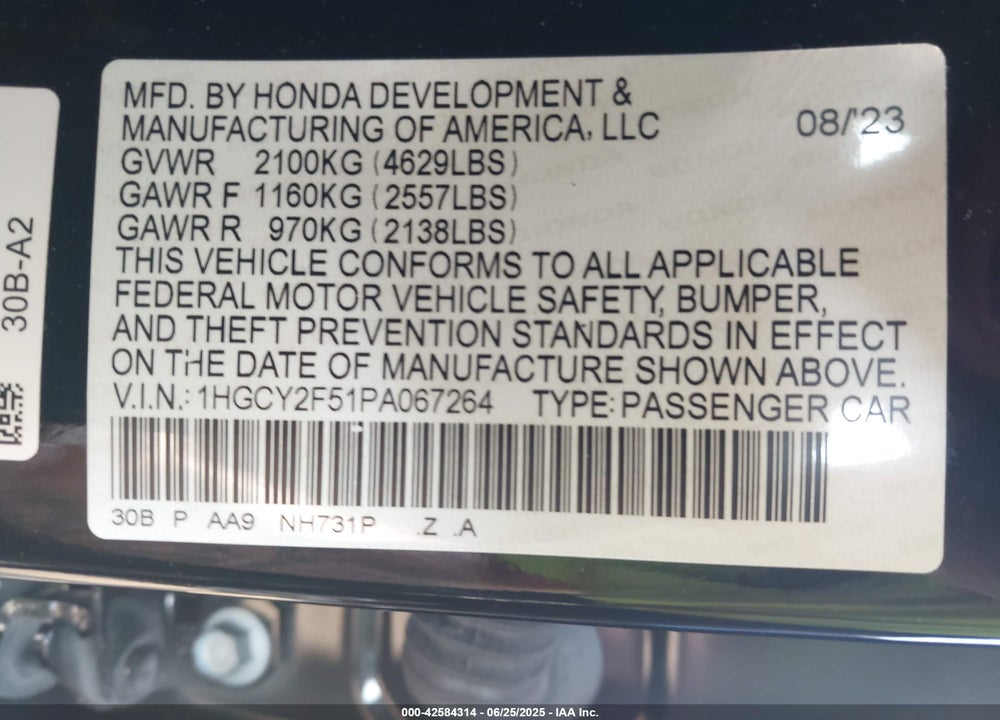 2023 HONDA ACCORD VIN: 1HGCY2F51PA067264