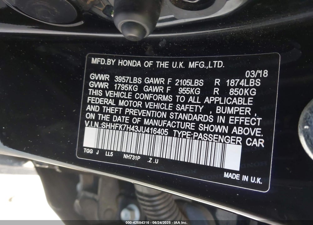 2018 HONDA CIVIC VIN: SHHFK7H43JU416405