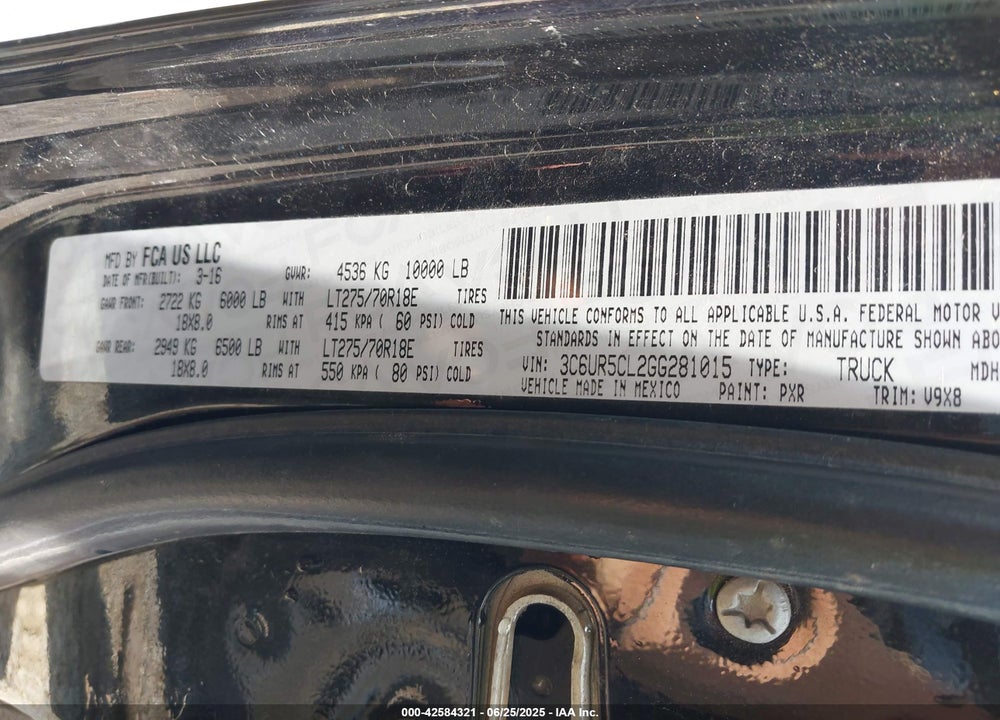 2016 RAM 2500 VIN: 3C6UR5CL2GG281015