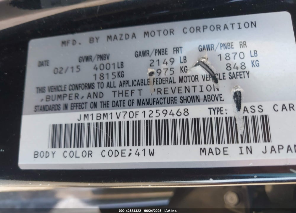 2015 MAZDA 3 VIN: JM1BM1V70F1259468
