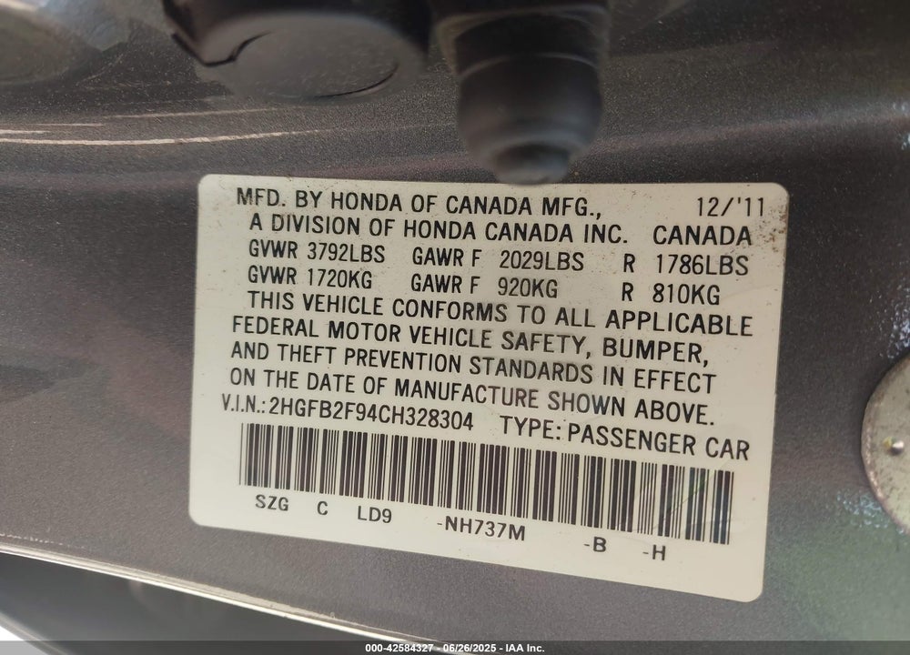 2012 HONDA CIVIC VIN: 2HGFB2F94CH328304