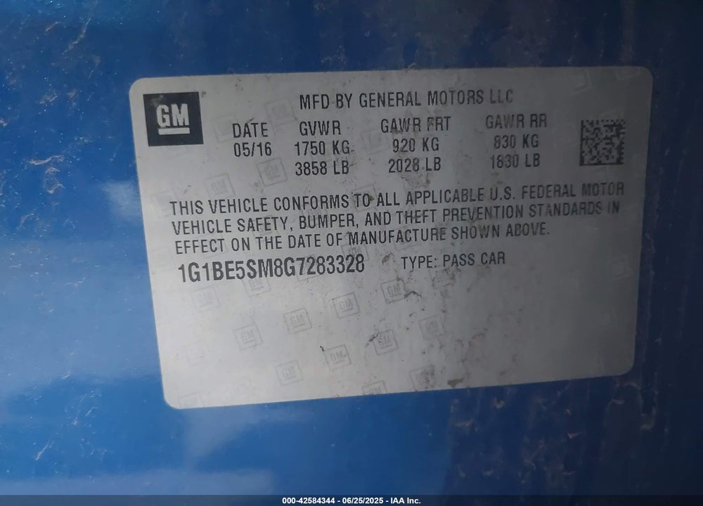 2016 CHEVROLET CRUZE VIN: 1G1BE5SM8G7283328